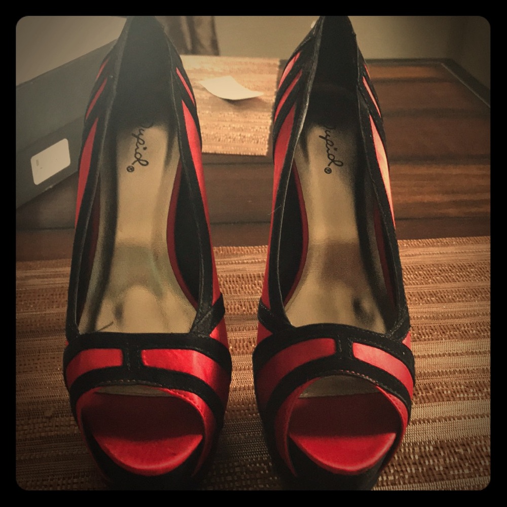 Red and black satin stilettos